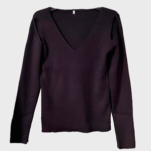 Women's Cold Shoulder V Neck Sweater Long Sleeve In Black Size L NWT